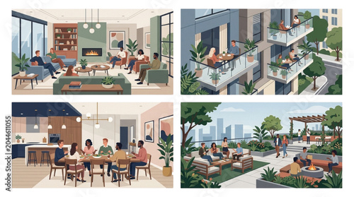 Flat vector collection of apartment community architecture entourage elements with communal lounge dining room and rooftop