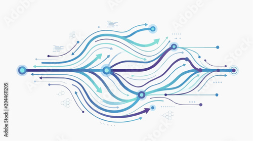 Abstract network of flowing lines and arrows in shades of blue and purple representing data flow and connectivity