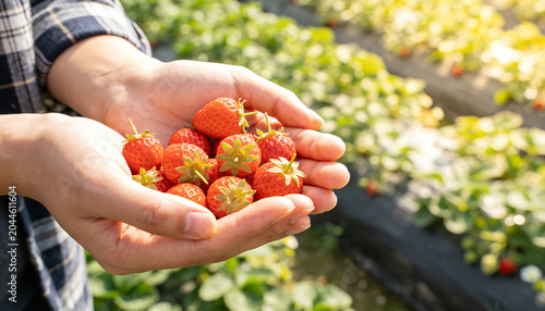 Handful of freshly picked ripe strawberries in farmer's hands