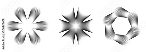 Abstract radial halftone geometric shapes set with circular halftone geometric line art patterns vector illustration.