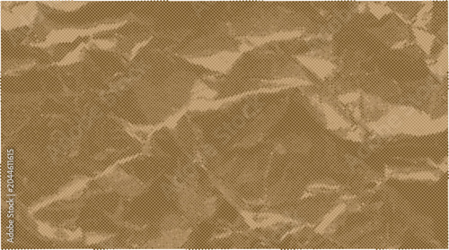 Crumpled brown paper texture with halftone dot pattern, abstract background for packaging, recycling, and vintage design.