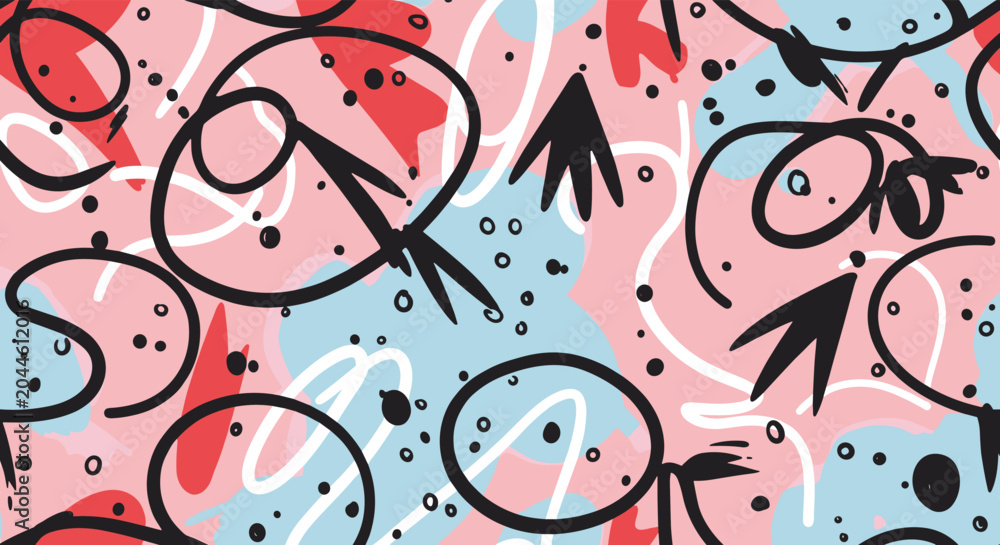 Fototapeta premium Abstract seamless pattern with messy black loops and vibrant red and blue shapes on a light pink artistic background.