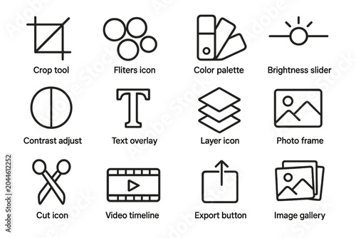 Image editing icons - tools, filters, layers, sliders, palette, scissors