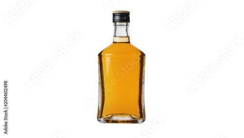 Foto Clear glass bottle with amber liquid and black cap
