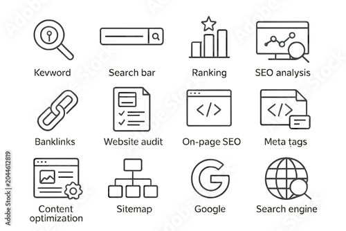 Seo icons featuring search, keywords, rankings, backlinks, and analysis tools