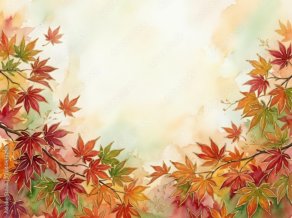 Fototapeta premium Watercolor autumn leaves in red, orange, and gold tones frame a soft, neutral center space. Ideal for fall seasonal designs, greeting cards, and backgrounds.