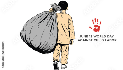 Fotografie Young boy carrying a heavy trash bag for child labor awareness