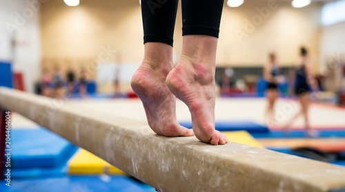 Closeup of a gymnasts feet balancing on a balance beam in a gym