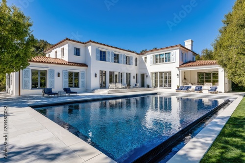 Luxury Mediterranean-style villa with expansive pool, patio, and lush green lawn