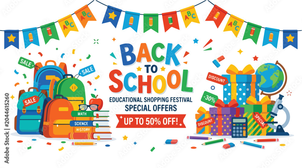 Naklejka premium Back to School Educational Shopping Festival Banner with School Supplies and Gift Boxes.