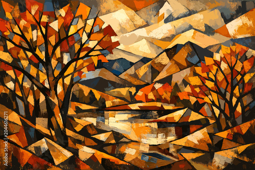 Fotografie Abstract Cubist Landscape Painting of Autumn Trees and Mountains Reflecting in Water