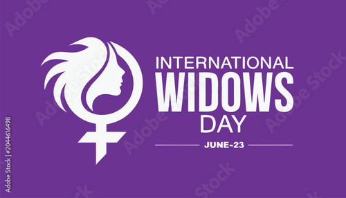 Photos International widows day graphic design with purple background and symbol