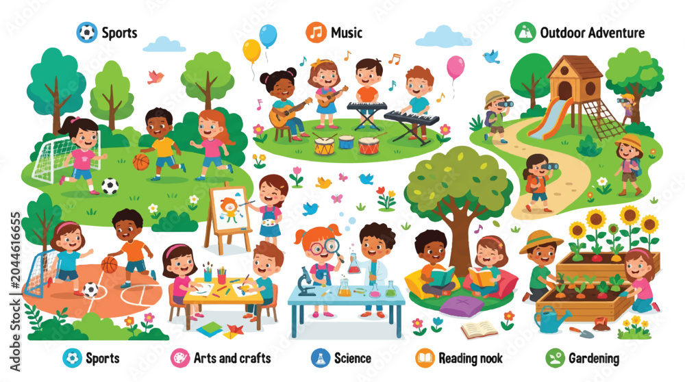 Fototapeta premium Group of diverse children and adults enjoying outdoor activities and leisure in a sunny park.