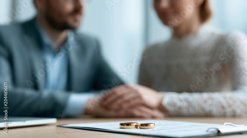 Couple Reviewing Prenuptial Agreement Before Marriage with Wedding Rings on Legal Document