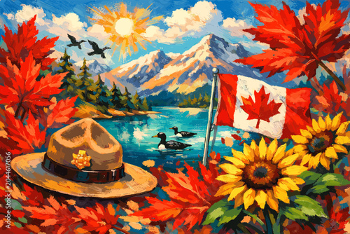 Bild auf Leinwand Vibrant Canadian autumn landscape featuring a park ranger hat, Canadian flag, loons on a lake, and majestic mountains under a sunny sky