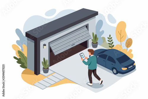 Man Controlling Smart Garage Door with Smartphone App Illustration