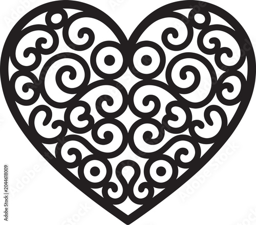 Black ornate heart shape with intricate swirl and floral motifs, representing love and romance.