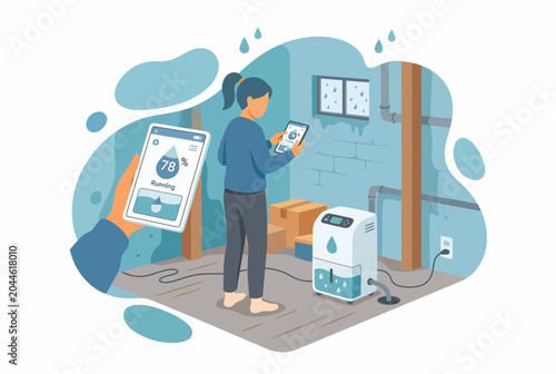 Woman Using Smart Home IoT Dehumidifier App in Damp Basement