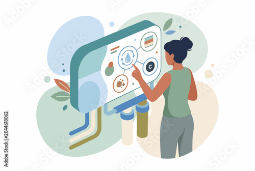 Woman Using Smart Home IoT Water Monitoring Dashboard Illustration