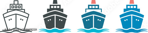 Ship and waves icon set featuring commercial shipping vessel and ocean logistics symbols isolated vector pack for freight services, port operations, marine navigation and international shipping 