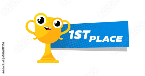 Photos 1st place blue banner with cute smiling trophy character
