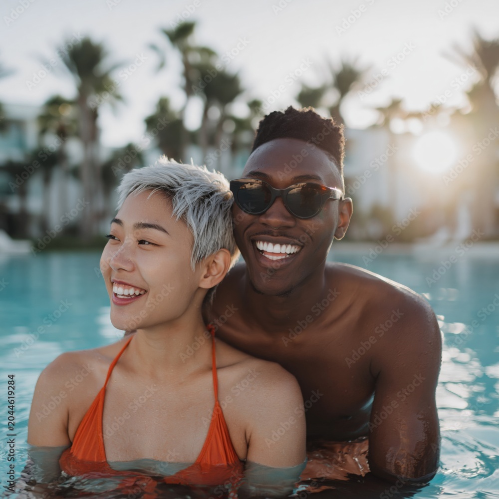 Fototapeta premium Young interracial couple laughing in resort pool at sunset