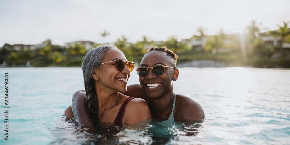 Obraz premium Intergenerational couple embracing in pool at resort sunset