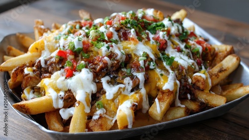 Gourmet Loaded Carne Asada Fries with Melted Cheddar Cheese Sour Cream Drizzle Pico de Gallo and Green Onions Served as a Delicious Hearty Appetizer Plate or Main Dish