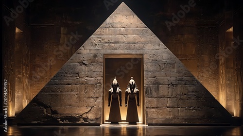 Ancient Monument with Large Stone Pyramid and Statues in Dark Interior, Mysterious Archaeological Temple Concept with Copy Space