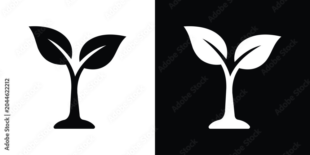 Fototapeta premium Minimalist small plant growing icon set. Features black and white young seedling vector illustrations on contrasting backgrounds, symbolizing nature, growth, ecology, and organic life.