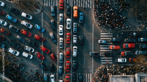 Aerial view of congested intersection with cars, pedestrians, and crosswalks