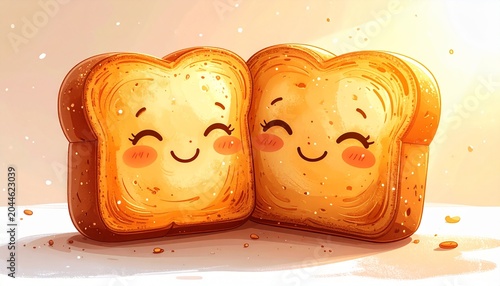 Cute watercolor illustration of two happy toast bread slices, affectionately embracing with sweet smiling faces, symbolizing warmth, friendship, and morning delight