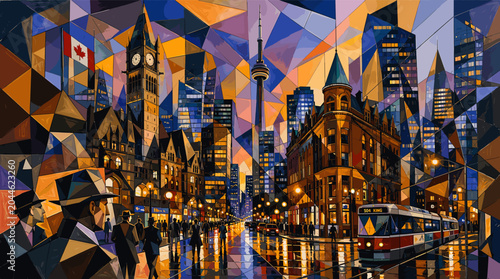 Photography Vibrant Cubist Cityscape of Toronto at Dusk, Featuring Iconic CN Tower and Streetcar