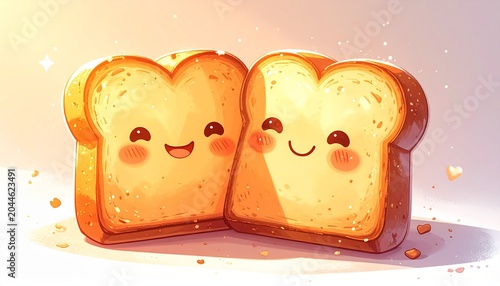 Cute illustration of two cheerful toast bread characters embracing, radiating warmth and happiness, perfect for food-related designs or sweet graphics with a cozy, whimsical feel