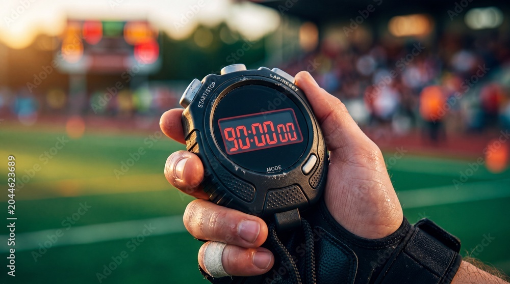 Obraz premium Hand of man holding stopwatch with 90 minute display on football field. Referee measuring time during soccer game. Competitive professional sport event and championship final countdown
