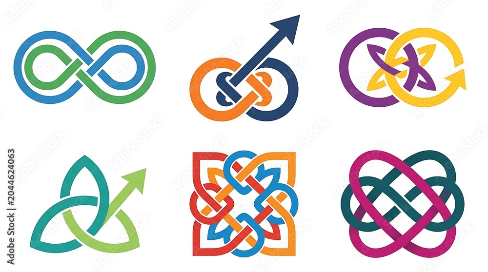 Set of colorful abstract infinity symbols and interlocking loops for creative concepts