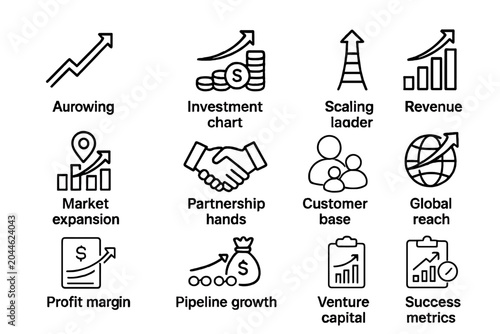 Business growth icons featuring investment, revenue, and market expansion