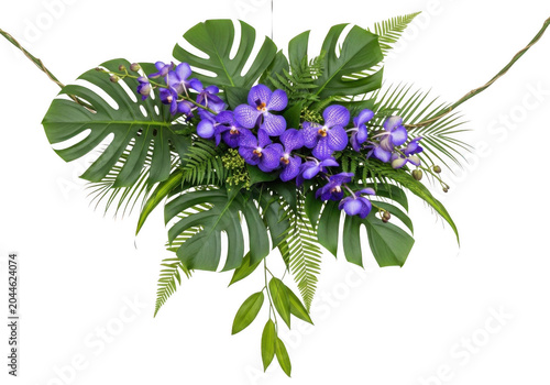 Tropical floral arrangement featuring vibrant purple vanda orchids, large green monstera leaves, and feathery fern fronds on black background