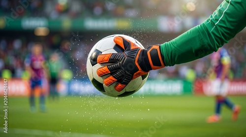 Goalkeeper hand catching football ball during match. Professional goalie saving goal on stadium pitch. Sports action shot with water splashes and active competition in dynamic event
