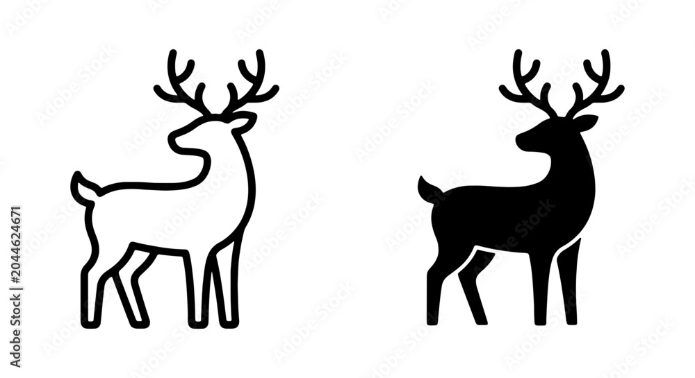 Obraz premium Deer Icons: Minimalist Outline and Silhouette Vector Graphics for Wildlife and Nature Themes