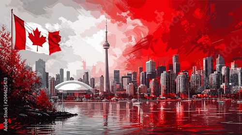 Foto Vibrant Canadian Flag Waving Over the Toronto Skyline with CN Tower and Rogers Centre Reflected in Water