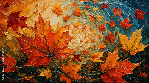 Valokuva A vibrant, impressionistic painting captures the swirling motion of autumn leaves in a riot of warm colors