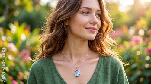 Woman wearing silver moonstone necklace in sunny summer garden. Mystic jewelry, spiritual accessory, talisman for meditation and energy healing. Esoteric concept with ethereal gem pendant