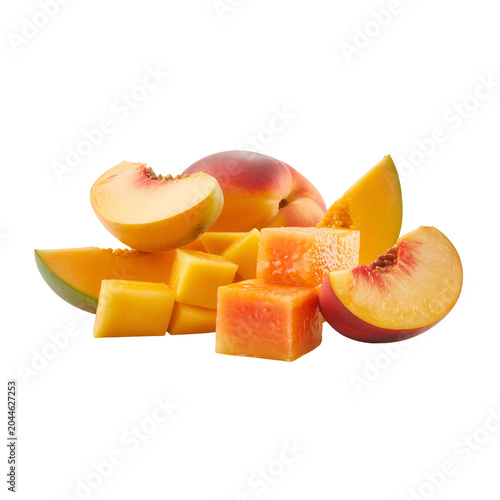 Sliced peaches and cubes on a pile