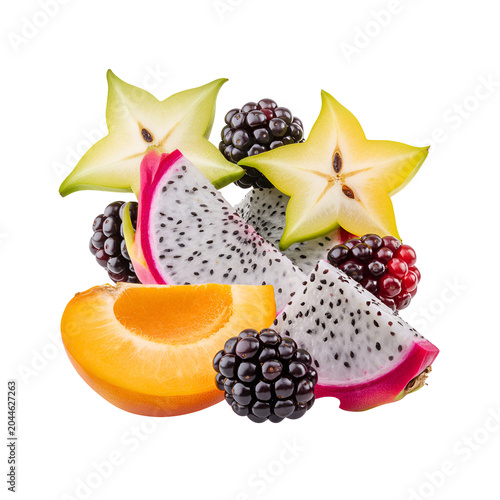 Fresh sliced dragon fruit starfruit blackberries and apricot