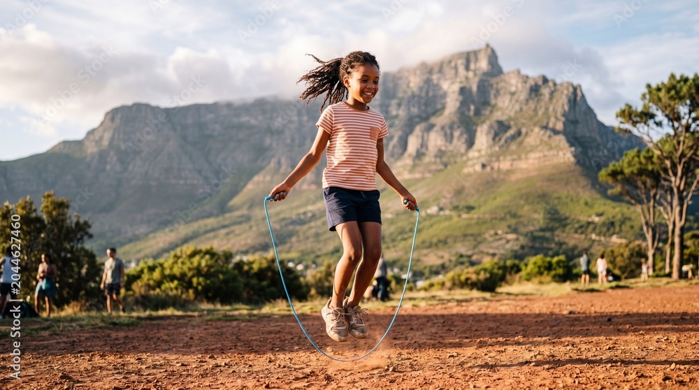 Naklejka premium African child jumping rope at the foot of Table Mountain. Young girl exercising outdoors in nature during Africa Day. Active lifestyle, childhood joy and adventurous spirit in South Africa
