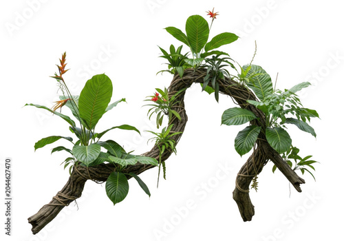 Twisted wooden jungle branch with lush green leaves, tropical bromeliad flowers, and epiphytic plants isolated on a black background