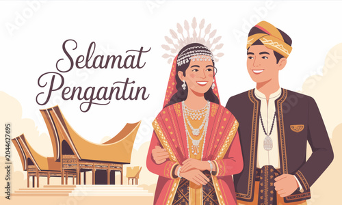 Traditional Indonesian wedding couple illustration.
