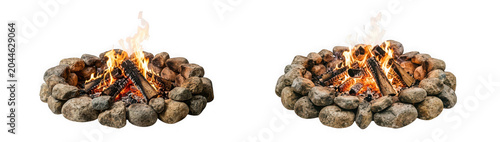 Natural stone fire pit with burning wood logs isolated on transparent background