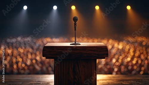 Empty wooden podium with microphone on stage before blurred audience under spotlights